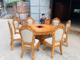 bàn ăn tròn 8 ghế bọc đệm gỗ gõ đỏ hàng tuyển