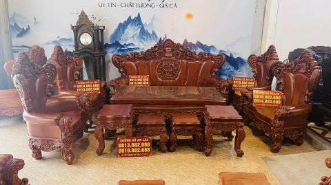 bàn ghế hoàng gia nguyên khối 10 món gỗ gõ đỏ hàng vip