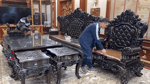 bộ bàn ghế hoàng gia tân cổ điển gỗ mun hoa Lào 8 món