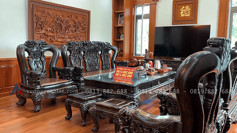 bộ bàn ghế quốc voi gỗ mun Lào