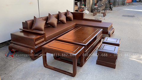 bộ sofa gỗ hương đá kết hợp đệm da cao cấp