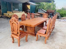 bàn ăn nguyên khối 10 ghế hồng hạt gỗ hương đá