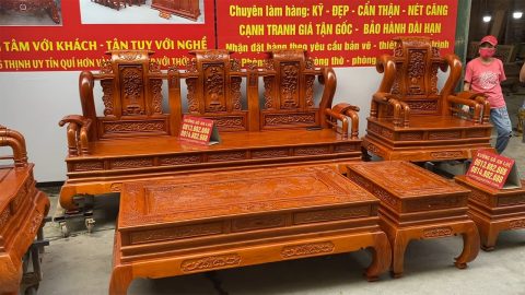 bàn ghế Tần Thủy hoàng cột 12 chân 14 gỗ hương đá