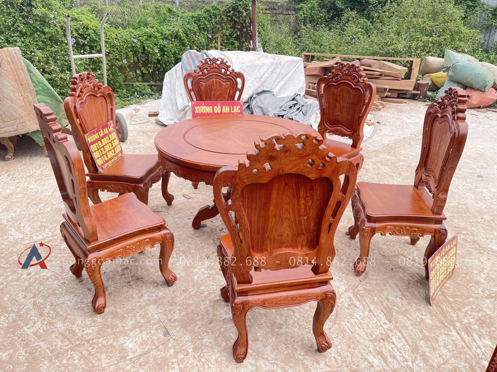 bàn ăn tròn 6 ghế louis gỗ hương đá