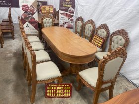bàn ăn bầu dục kết hợp 10 ghế bọc đệm gỗ gõ đỏ