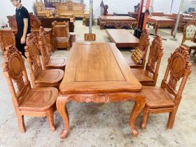 bàn ăn hoàng gia 6 ghế đồng hồ gỗ hương đá