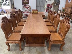 bàn ăn nguyên khối 8 ghế louis gỗ hương đá