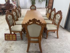 bàn ăn nguyên khối 10 ghế bọc đệm gỗ gõ đỏ