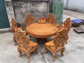 bàn ăn tròn 6 ghế louis gỗ gõ đỏ