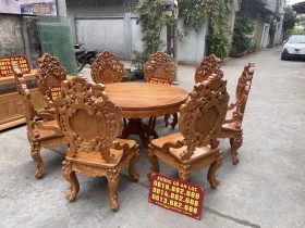 Mẫu bàn ăn tròn 8 ghế louis vip 2 gỗ gõ đỏ