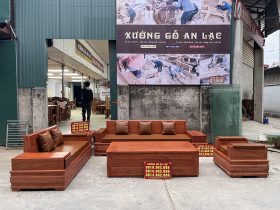 mẫu sofa kèm đệm da hiện đại 5 món gỗ hương đá