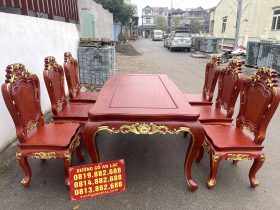 bộ bàn ăn hoàng gia 6 ghế gỗ hương đá dát vàng