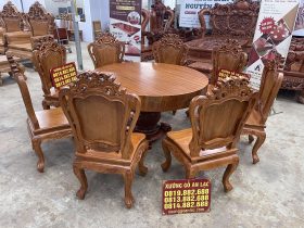 mẫu bàn ăn tròn nguyên khối 8 ghế louis gỗ gõ đỏ