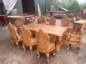 bàn ăn hoàng gia vip 8 ghế louis gỗ gõ đỏ