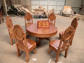 bộ bàn ăn tròn khung ván gỗ hương đá