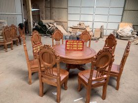 bộ bàn ăn khung ván gỗ hương đá 8 ghế đồng hồ