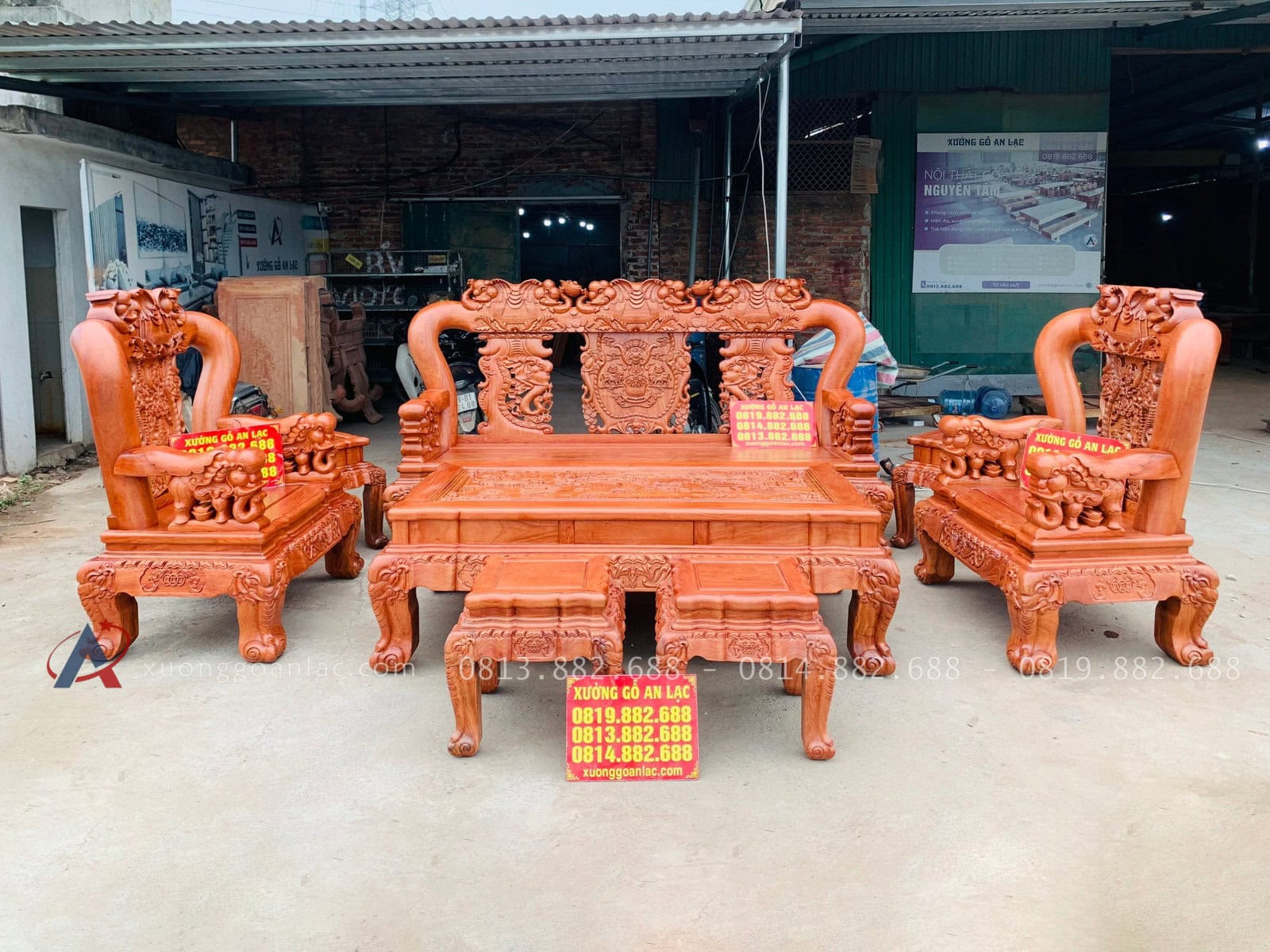 Bộ bàn ghế minh quốc voi tay 16 6 món gỗ hương đá