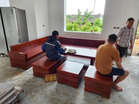 Combo sofa góc chữ L nguyên khối gỗ gõ đỏ hàng cao cấp